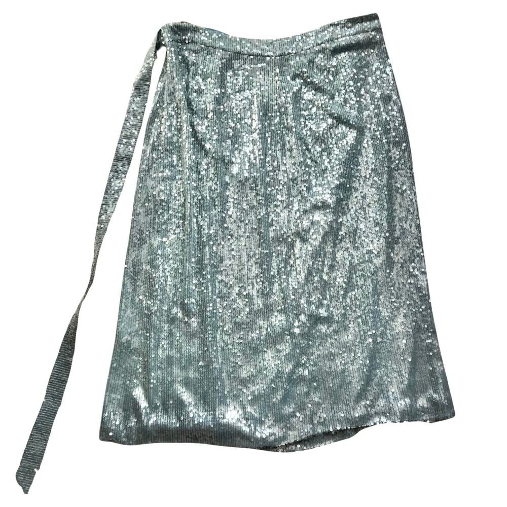 Sally LaPointe Blue Steel Sequin Viscose Belted Wrap Midi Skirt size 18 NEW Tags